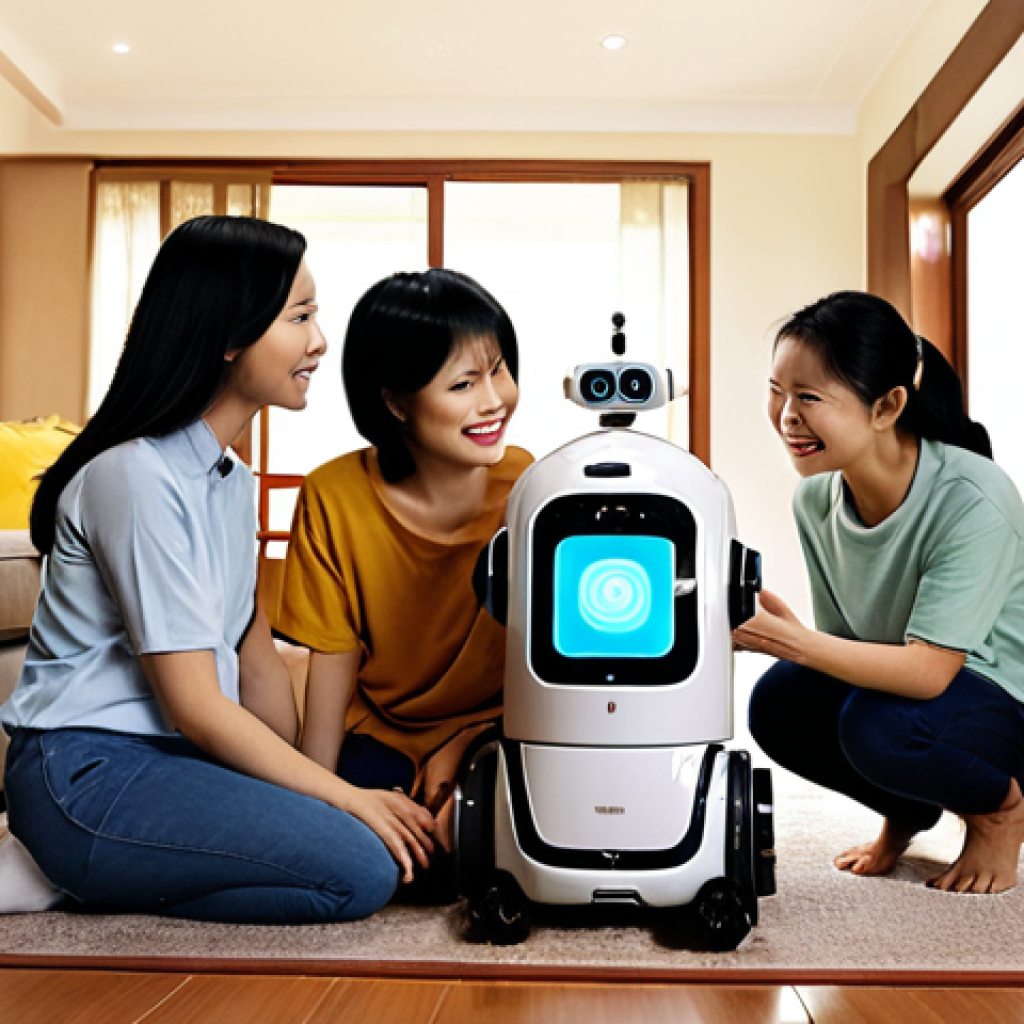 **Prompt:** A modern Vietnamese family interacting with a friendly robot in their home. The robot is helping with household chores. Focus on a warm, inviting atmosphere.