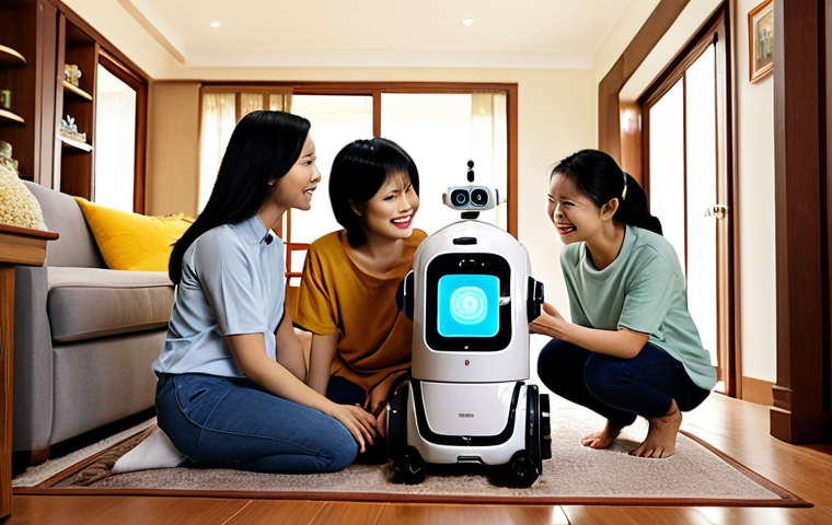 **Prompt:** A modern Vietnamese family interacting with a friendly robot in their home. The robot is helping with household chores. Focus on a warm, inviting atmosphere.