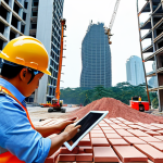 **

A futuristic construction site in Vietnam. Construction robots are autonomously laying bricks with incredible speed and precision, while a supervisor monitors the progress on a tablet. In the background, a modern, eco-friendly skyscraper is being built. Focus on showcasing the efficiency and technological advancement.

**
