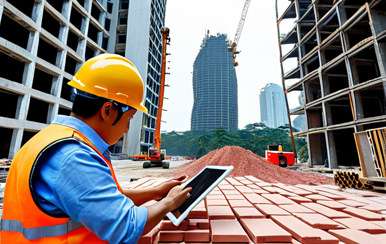 **

A futuristic construction site in Vietnam. Construction robots are autonomously laying bricks with incredible speed and precision, while a supervisor monitors the progress on a tablet. In the background, a modern, eco-friendly skyscraper is being built. Focus on showcasing the efficiency and technological advancement.

**