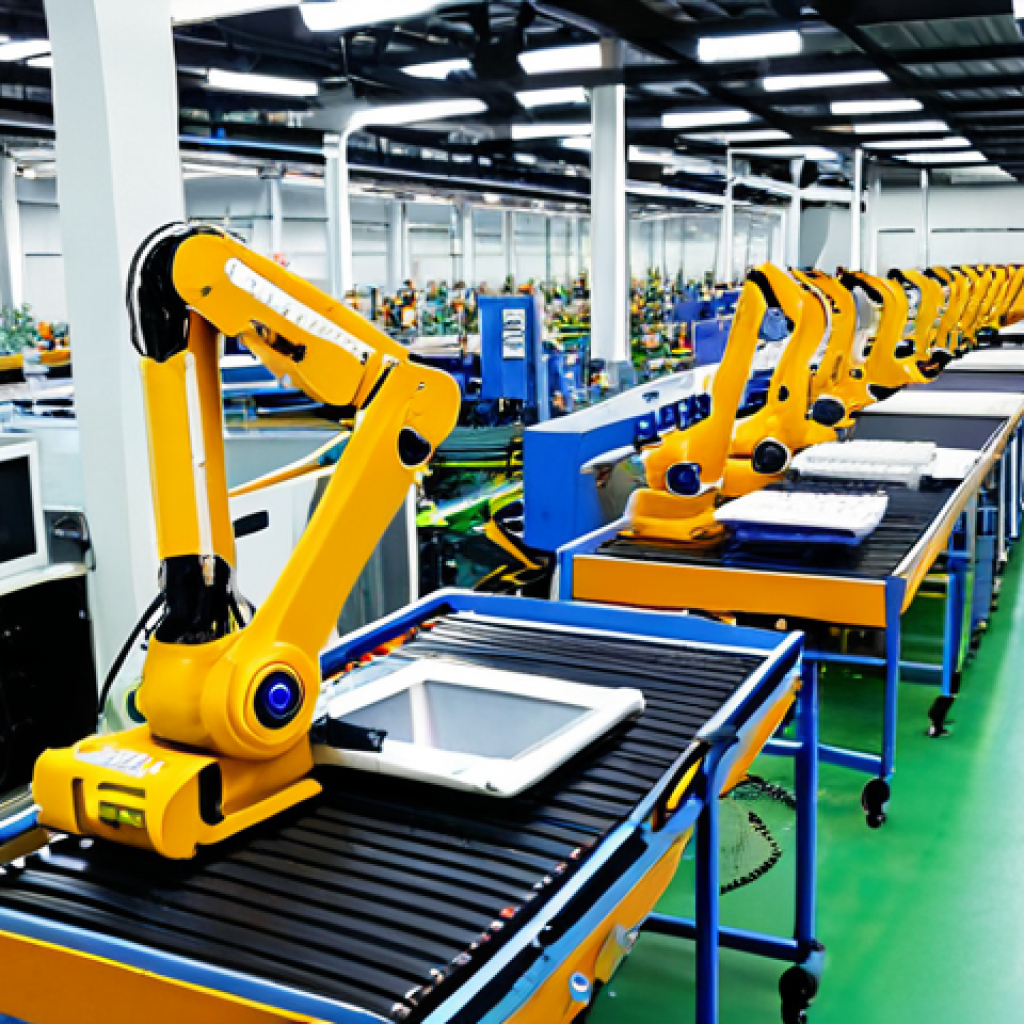 A sprawling, high-tech smart factory floor in Vietnam, where numerous robotic arms are precisely assembling intricate electronic components on an automated conveyor belt system. Automated Guided Vehicles (AGVs) are seamlessly transporting materials in the background. A focused Vietnamese engineer in a professional, clean industrial setting is overseeing the operation, holding a tablet displaying real-time data, embodying the synergy of human skill and advanced automation in a bustling, modern Vietnamese industrial park. Realistic, industrial photography, bright lighting.