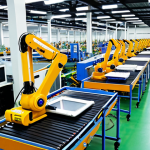 A sprawling, high-tech smart factory floor in Vietnam, where numerous robotic arms are precisely assembling intricate electronic components on an automated conveyor belt system. Automated Guided Vehicles (AGVs) are seamlessly transporting materials in the background. A focused Vietnamese engineer in a professional, clean industrial setting is overseeing the operation, holding a tablet displaying real-time data, embodying the synergy of human skill and advanced automation in a bustling, modern Vietnamese industrial park. Realistic, industrial photography, bright lighting.