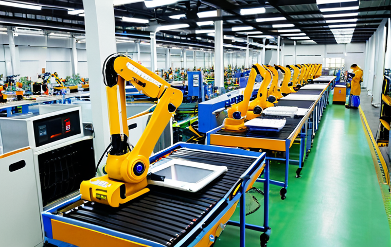 A sprawling, high-tech smart factory floor in Vietnam, where numerous robotic arms are precisely assembling intricate electronic components on an automated conveyor belt system. Automated Guided Vehicles (AGVs) are seamlessly transporting materials in the background. A focused Vietnamese engineer in a professional, clean industrial setting is overseeing the operation, holding a tablet displaying real-time data, embodying the synergy of human skill and advanced automation in a bustling, modern Vietnamese industrial park. Realistic, industrial photography, bright lighting.