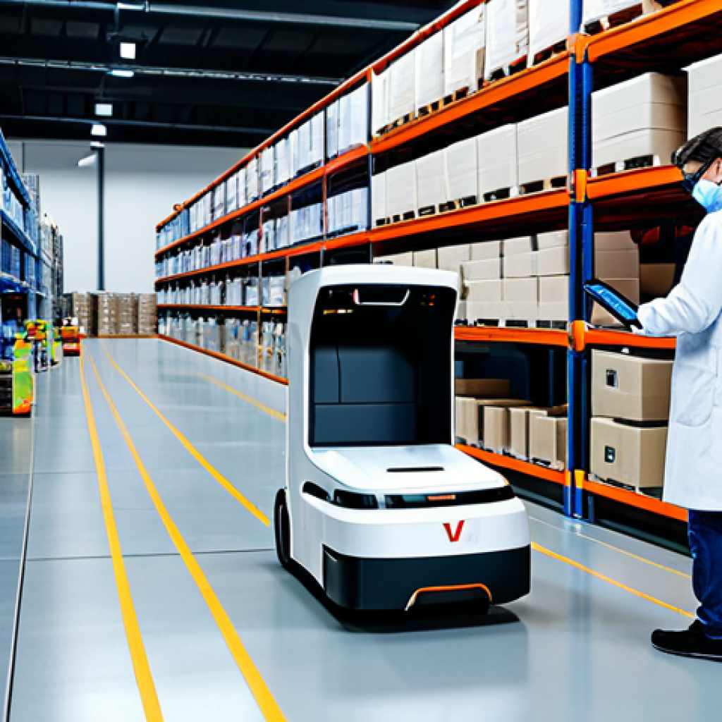**
A robotics engineer, fully clothed in a clean lab coat and safety glasses, inspects an autonomous mobile robot (AGV) in a modern warehouse setting. The robot is transporting packages. Background includes shelves stocked with goods and other automated systems. Professional lighting, safe for work, appropriate content, perfect anatomy, natural proportions, high-quality rendering, professional.
**