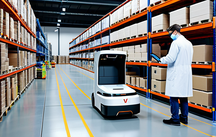 **
A robotics engineer, fully clothed in a clean lab coat and safety glasses, inspects an autonomous mobile robot (AGV) in a modern warehouse setting. The robot is transporting packages. Background includes shelves stocked with goods and other automated systems. Professional lighting, safe for work, appropriate content, perfect anatomy, natural proportions, high-quality rendering, professional.
**