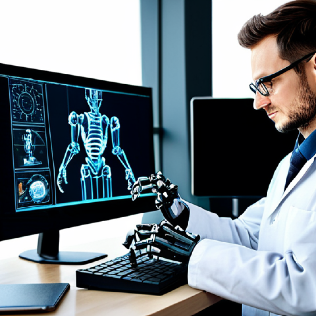 **Robot Design Engineer:** "A professional robot design engineer in a modern office, working on a 3D model of a robotic arm on a computer. The engineer is wearing a lab coat and safety glasses, fully clothed, appropriate attire, safe for work, perfect anatomy, natural proportions, professional environment, high quality, well-formed hands, proper finger count, family-friendly."