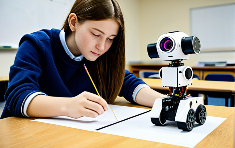 로봇기술사 실기 시험 문제 유형 - ** A student in a brightly lit classroom, fully clothed in appropriate attire, working on a simple l...