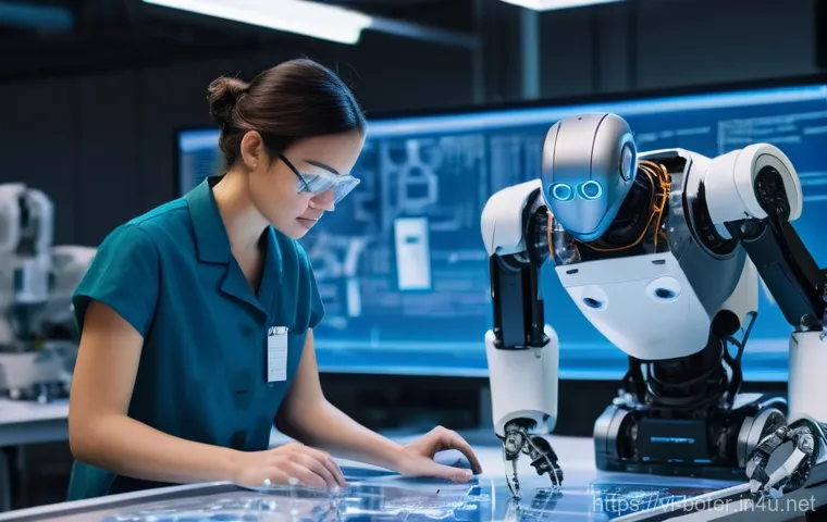 로봇기술사와 로봇 혁신 사례 - **Prompt:** A dynamic and brightly lit robotics laboratory, showcasing a diverse team of male and fe...