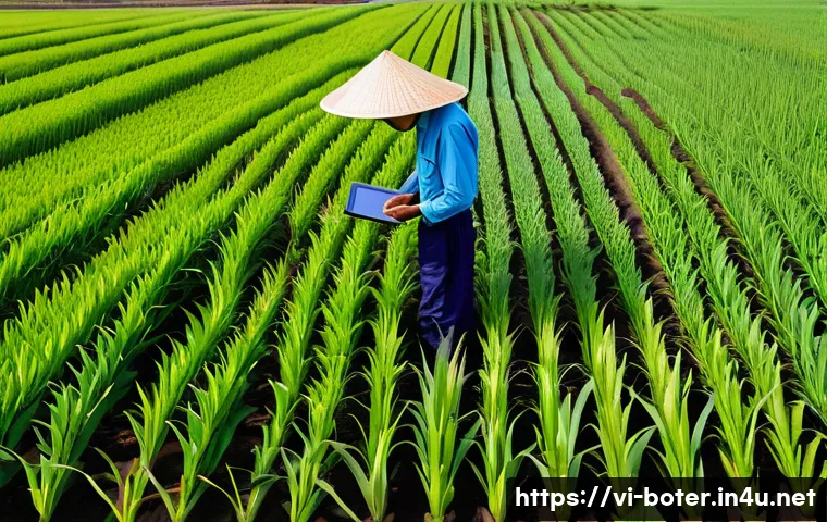 로봇기술사와 농업용 로봇 활용 - **Prompt:** A wide shot of a vibrant, sun-drenched Vietnamese rice paddy field, or a lush tropical f...