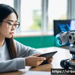Home 20 로봇기술사 자격증 합격률 - A focused Vietnamese university student studying robotics engineering in a modern classroom, surroun...
