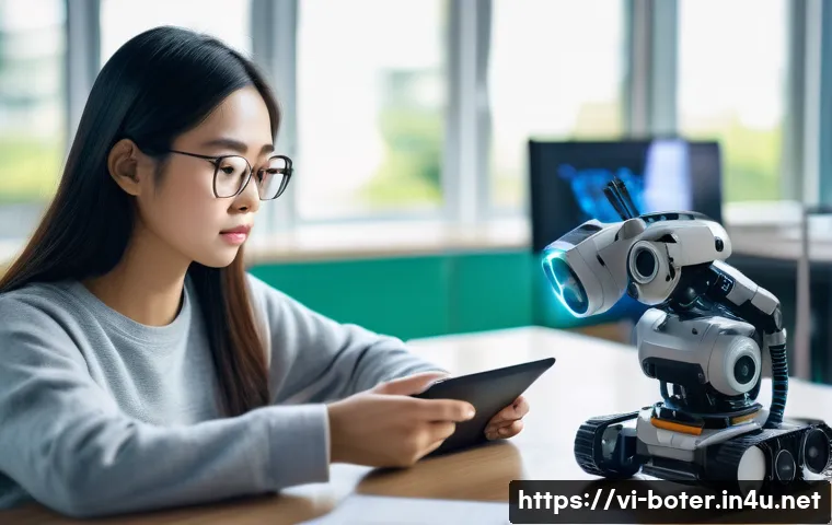 로봇기술사 자격증 합격률 - A focused Vietnamese university student studying robotics engineering in a modern classroom, surroun...