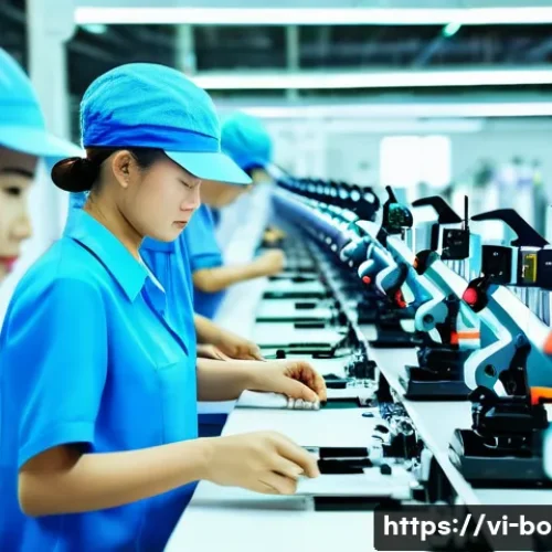 Home 31 로봇기술사와 전력 제어 기술 - A modern Vietnamese electronics manufacturing factory interior featuring advanced industrial robots ...