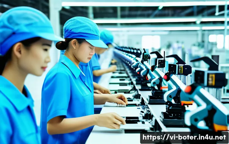 로봇기술사와 전력 제어 기술 - A modern Vietnamese electronics manufacturing factory interior featuring advanced industrial robots ...