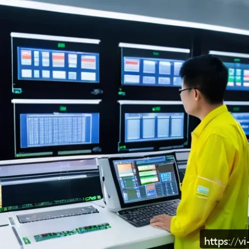 Home 30 로봇기술사와 PLC 프로그래밍 - A modern industrial automation control room in Vietnam, featuring engineers monitoring large screens...