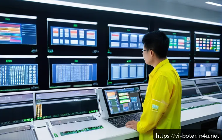 로봇기술사와 PLC 프로그래밍 - A modern industrial automation control room in Vietnam, featuring engineers monitoring large screens...