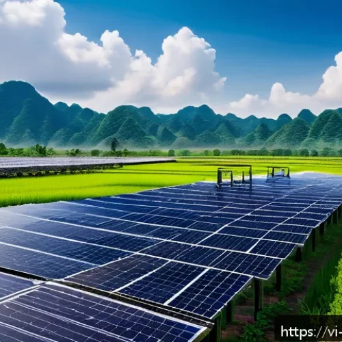 Home 17 로봇기술사와 재생에너지와 로봇 - A highly detailed scene of an automated solar power plant in Vietnam, featuring advanced robotic sys...