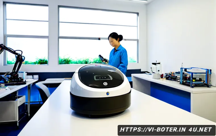 Home 17 로봇기술사와 로봇 청소기 기술 - Photorealistic Vietnamese robotics engineer in a clean modern laboratory, carefully inspecting a com...